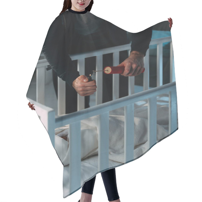 Personality  Partial View Of Criminal Igniting Dynamite Near Child In Crib Hair Cutting Cape