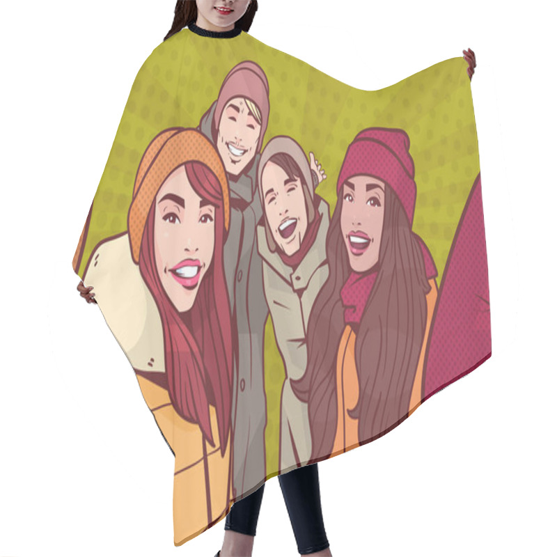 Personality  Group Of Young People Making Selfie Photo Wearing Winter Clothes Over Colorful Retro Style Background Mix Race Man And Woman Happy Smiling Take Self Portrait Hair Cutting Cape