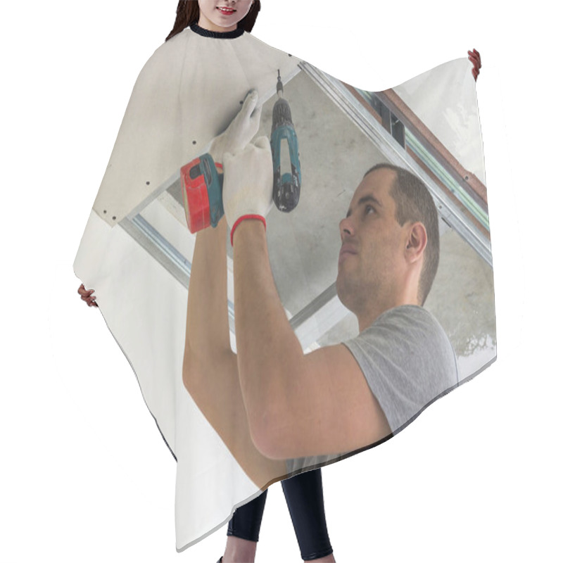 Personality  Construction Worker Assemble A Suspended Ceiling With Drywall An Hair Cutting Cape