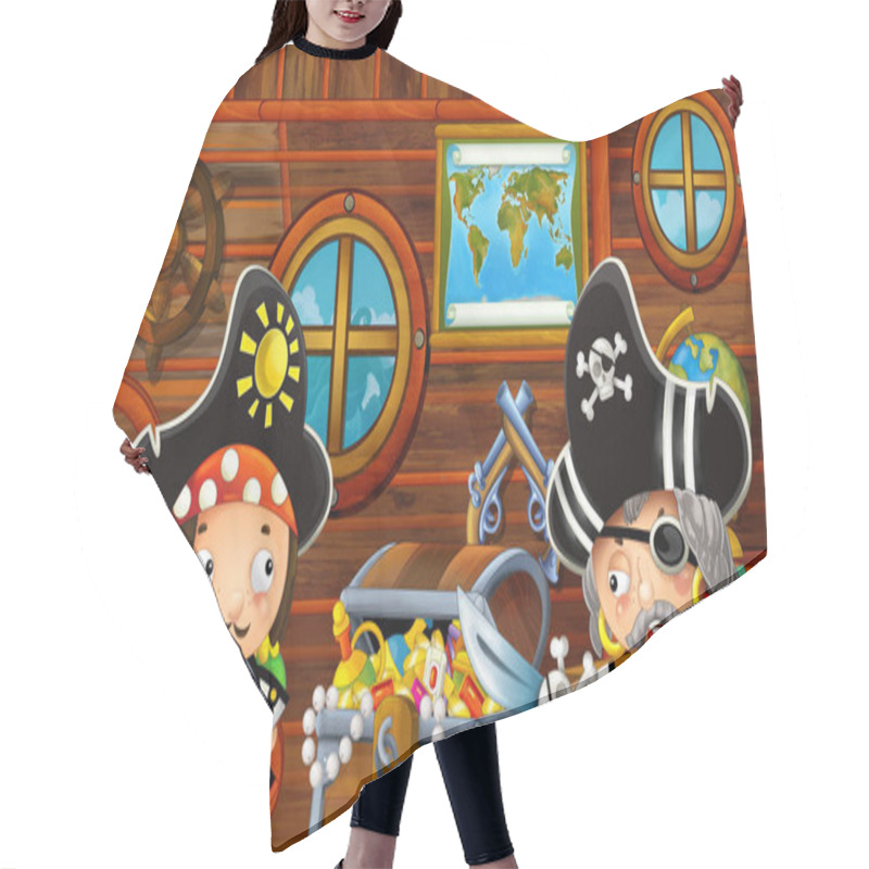 Personality  Cartoon Scene With Pirate Ship Cabin Interior With Loving Pirate Boy Sailing Through The Seas - Illustration For Children Hair Cutting Cape