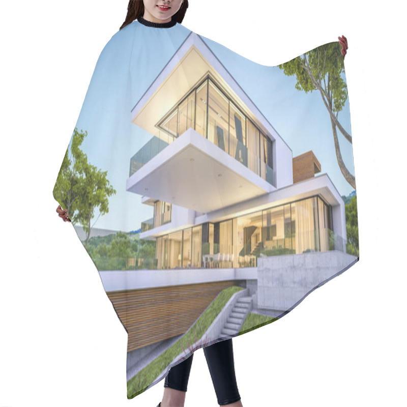 Personality  3d Rendering Of Modern Cozy House By The River With Garage For Sale Or Rent With Beautiful Mountains On Background. Clear Summer Evening With Blue Sky. Cozy Warm Light From Window. Hair Cutting Cape