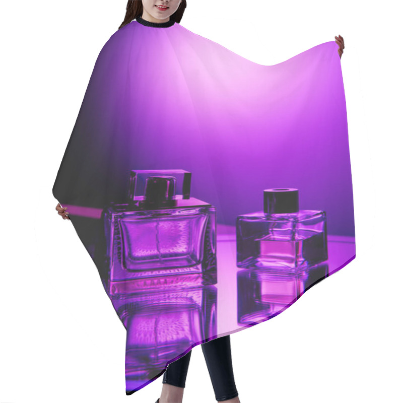 Personality  Violet Perfume Bottles On Round Mirror Surface And Light Spot On Background Hair Cutting Cape