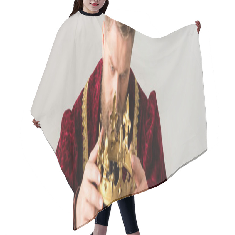 Personality  Panoramic Shot Of King Holding Crown Isolated On Grey Hair Cutting Cape