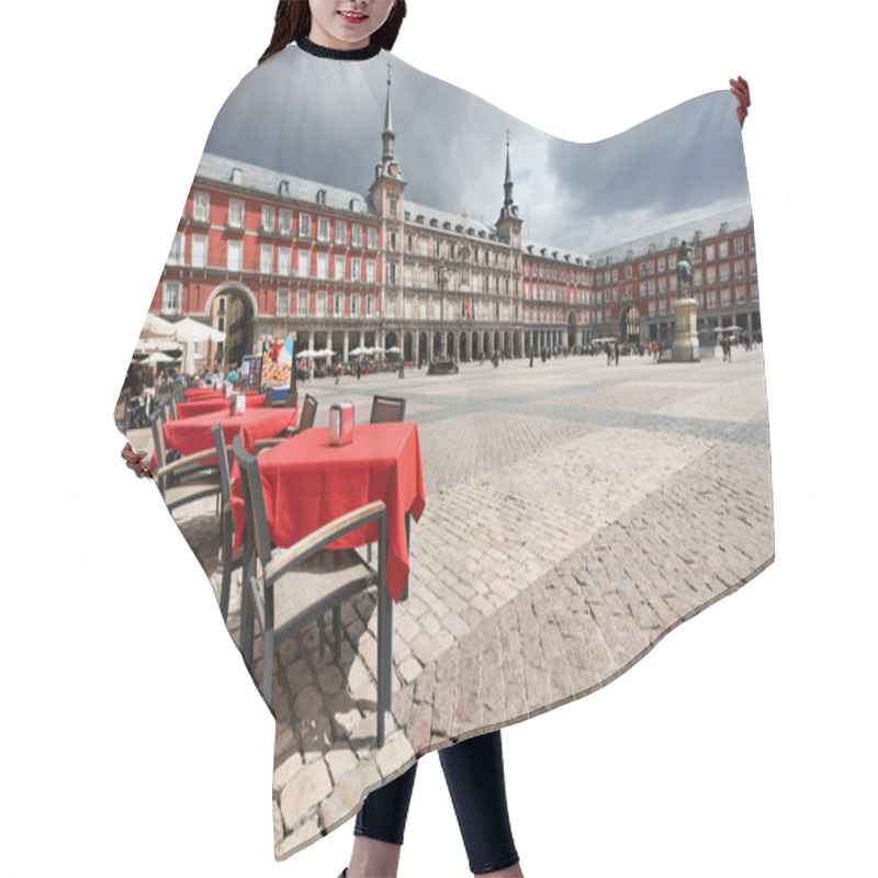 Personality  Cafe Tables With Red Tableclothes In Plaza Mayor. Madrid. Hair Cutting Cape