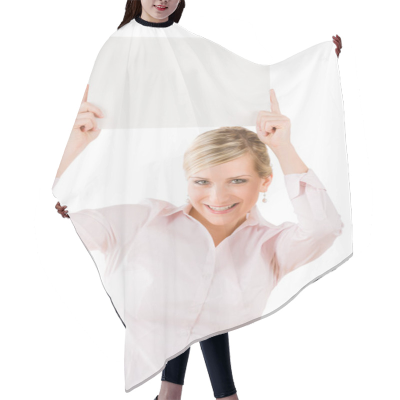 Personality  Happy Businesswoman Holding Up Empty Banner Hair Cutting Cape