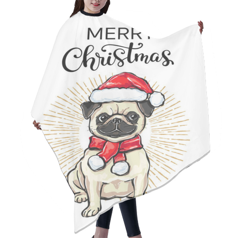 Personality  Vector Illustration Of A Hand Drawn Funny Pug In A Christmas Hat Hair Cutting Cape