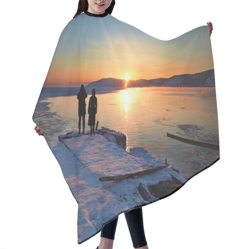 Personality  Sunset On The Spring Lake Baikal. A Young Couple, A Man And A Woman Admire The Sunset Over The Lake.  Hair Cutting Cape