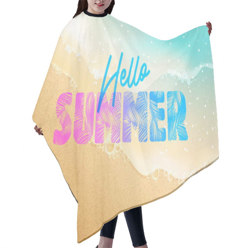 Personality  Hello Summer Banner. New Trendy Realistic Sand And Sea Texture. Season Vocation, Weekend, Holiday Logo. Summer Time Wallpaper. Happy Shiny Day. Vector Lettering. Fashionable Styling. Traveling Poster. Hair Cutting Cape