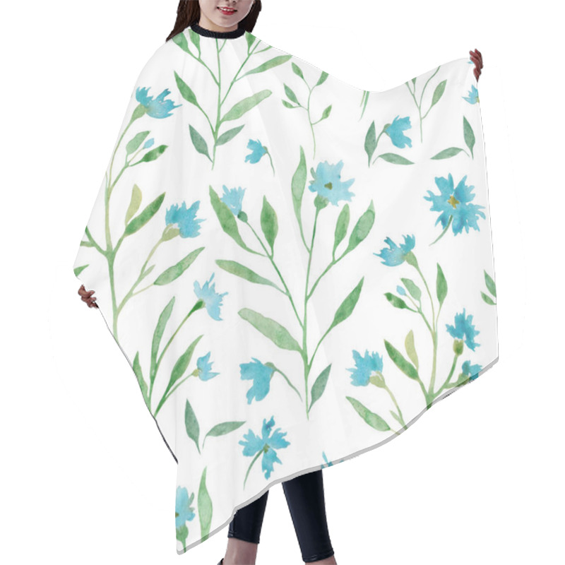 Personality  Watercolor Seamless Pattern With Abstract Blue Flowers, Green Leaves, Branches. Hand Drawn Floral Illustration Isolated On White Background. For Packaging, Wrapping Design Or Print. Hair Cutting Cape