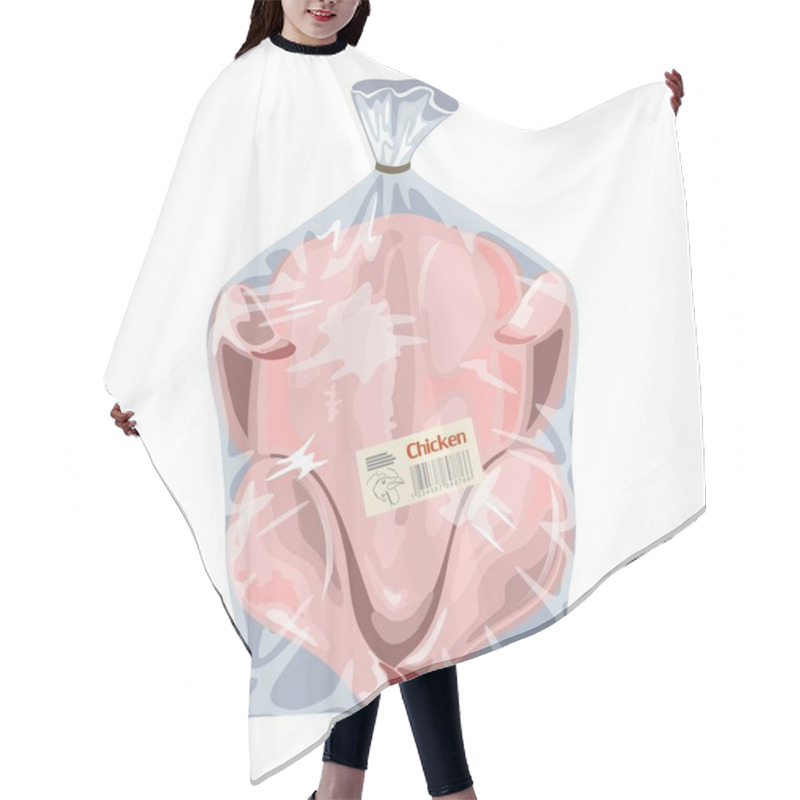 Personality  Whole Raw Chicken Is In Transparent Plastic Bag. Fresh Poultry Meat Is In Disposable Packing. Hair Cutting Cape