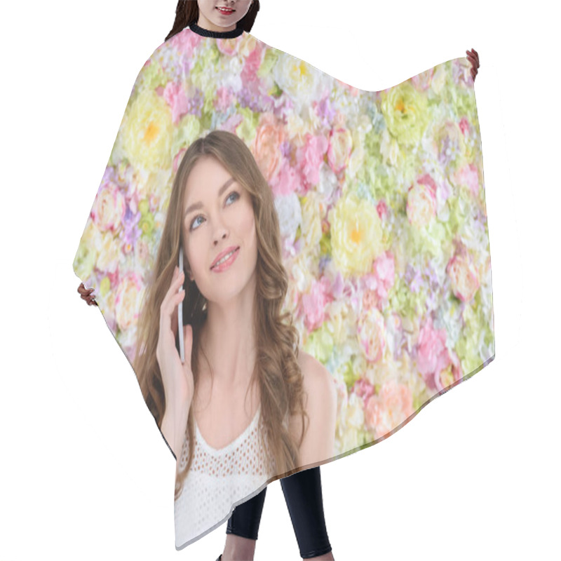 Personality  Happy Young Woman Talking By Phone On Floral Background Hair Cutting Cape