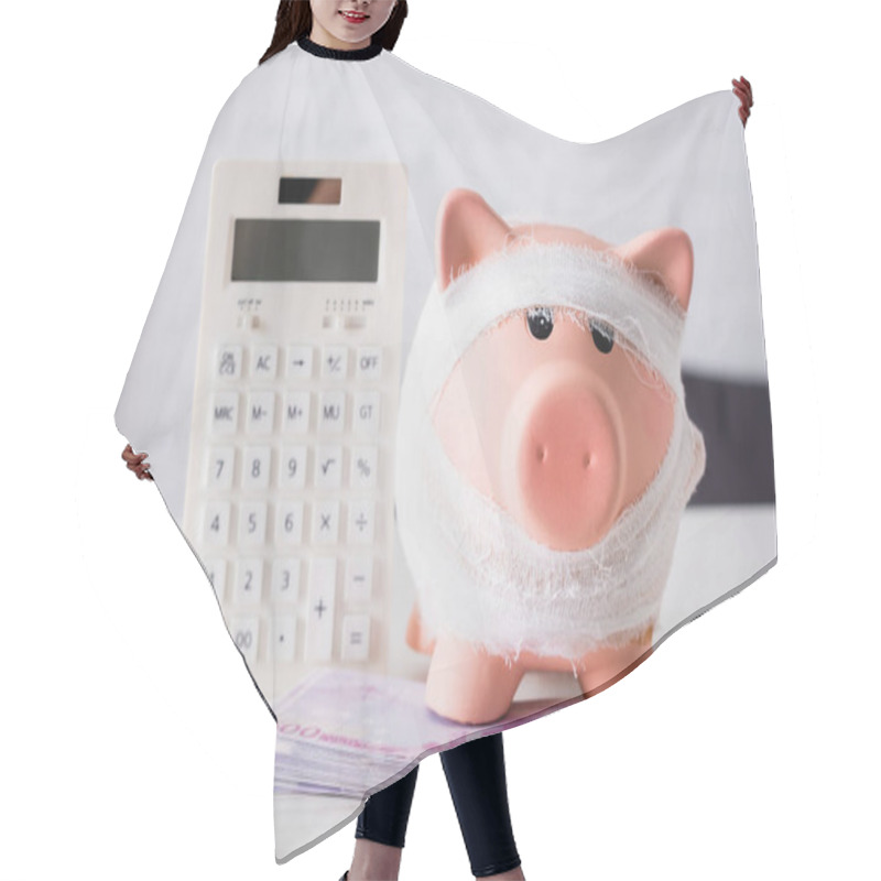 Personality  Selective Focus Of Piggy Bank Near Euro Banknotes And Calculator On White Table Hair Cutting Cape