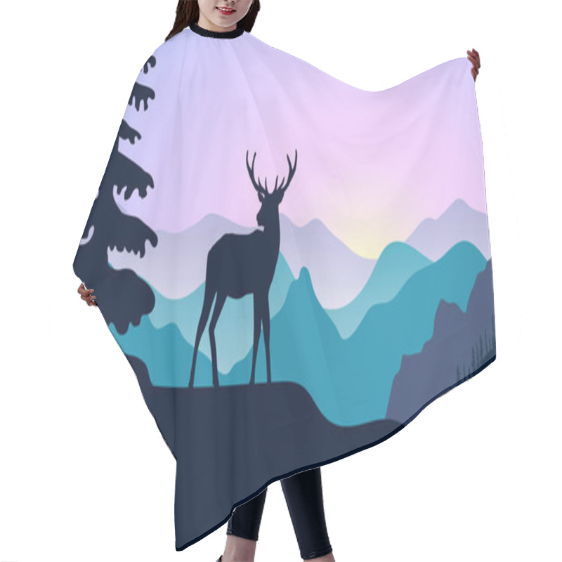 Personality  Mountains, Alpine Wild Fallow Deer And Forest At Sunrise. Landscape With Silhouettes. Vector Illustration Hair Cutting Cape