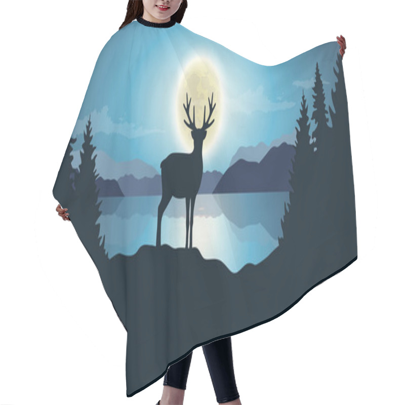 Personality  Reindeer By The Lake Moon Shine By Night Blue Wildlife Nature Landscape Hair Cutting Cape