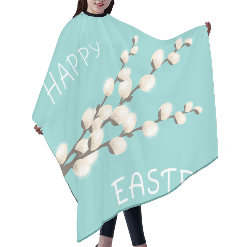 Personality  Spring Twigs Willow Tree Blossom. Happy Easter Greeting Card. Vector Illustration In Flat Style On A Blue Background. Hair Cutting Cape