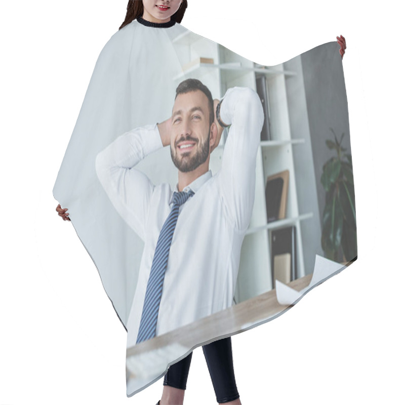 Personality  Happy Business Adviser Resting On Chair In Office Hair Cutting Cape