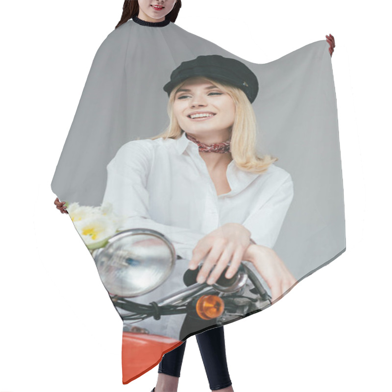 Personality  Attractive Young Woman  In White Shirt Posing On Red Scooter With Tulips Isolated On Grey Hair Cutting Cape