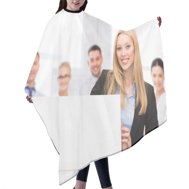 Personality  Businesswoman With White Blank Board Hair Cutting Cape