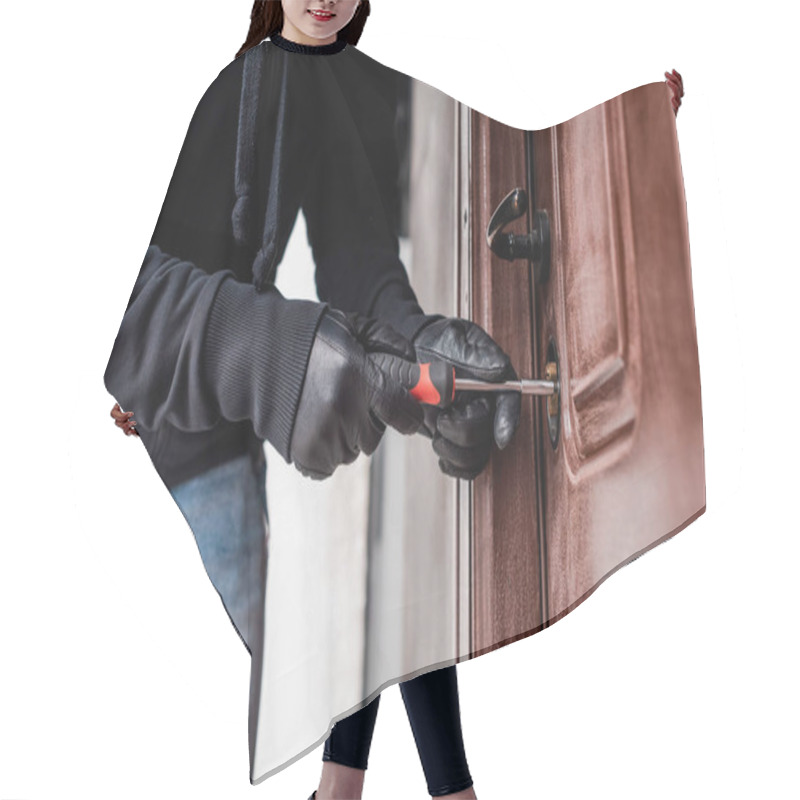 Personality  Cropped View Of Housebreaker In Leather Gloves Breaking Door Lock With Screwdriver  Hair Cutting Cape