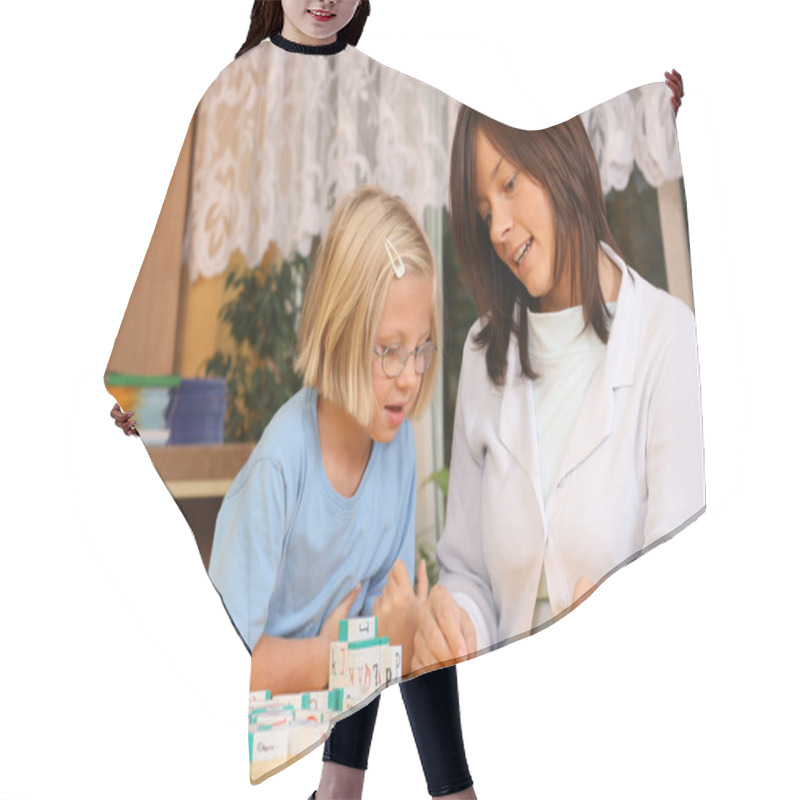 Personality  Teacher And 5-6 Years Old Girl Learning With Letters Hair Cutting Cape