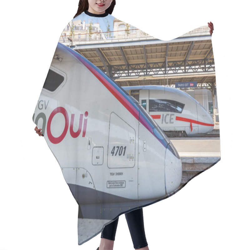 Personality  Paris, France - July 23, 2019 French TGV And German ICE High-speed Train Deutsche Bahn DB Paris Est Railway Station In France. Hair Cutting Cape