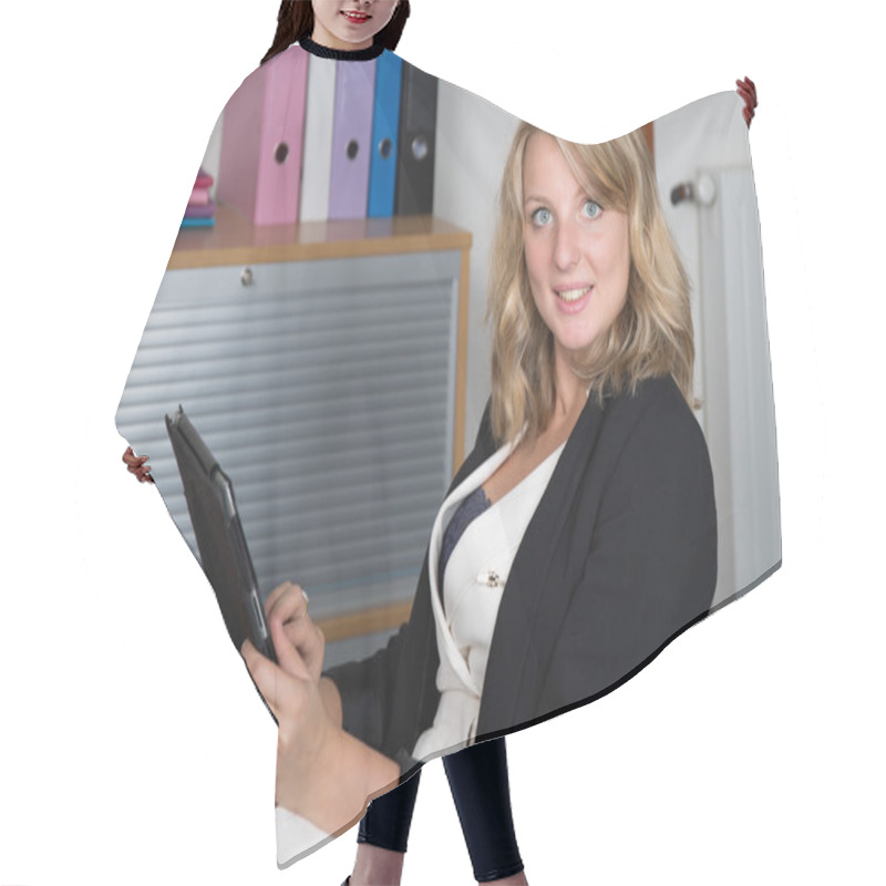 Personality  Relaxed Woman Enjoying Successful Day At Work Hair Cutting Cape