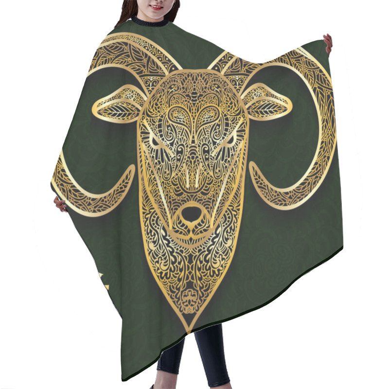 Personality  Rich Christmas Background With With A Golden Head Of A Goat. Hieroglyph On Green Seamless Background Denotes The The Sign Of A Goat. Can Be Used As A Christmas Card, Invitation Or Cover Of The Envelop Hair Cutting Cape