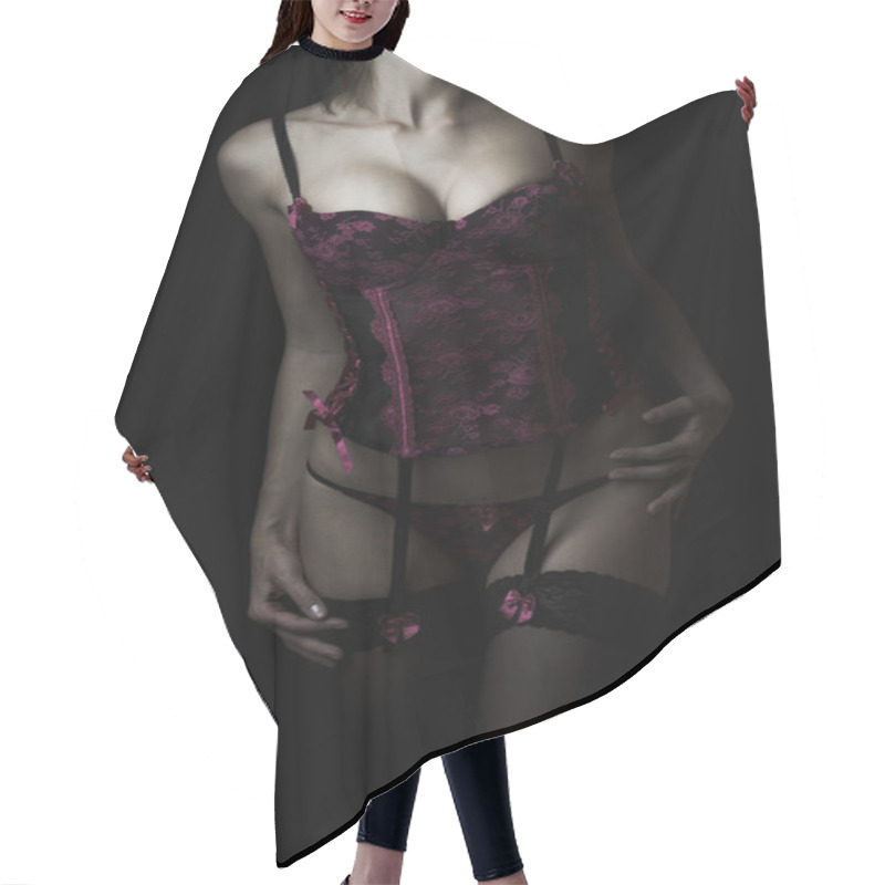 Personality  Sexy Young Girl With Big Breasts In Pink Black Lingerie Hair Cutting Cape