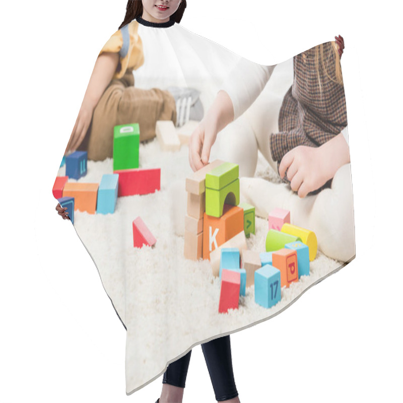 Personality  Cropped View Of Children Playing With Wooden Blocks On Carpet Hair Cutting Cape