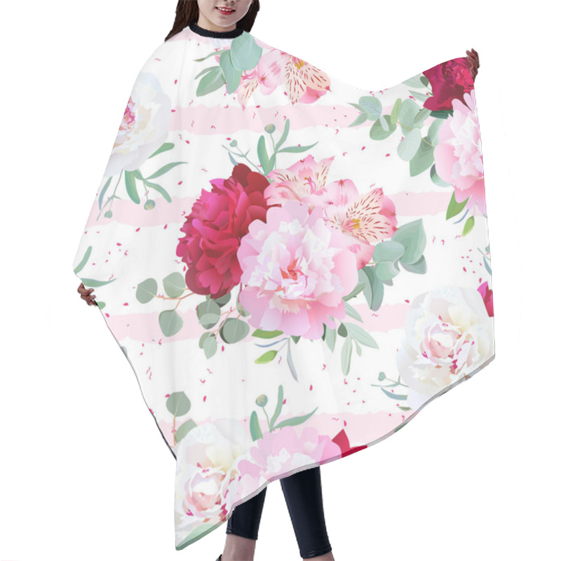 Personality  Striped Pink Floral Seamless Vector Print With Peony, Alstroemer Hair Cutting Cape