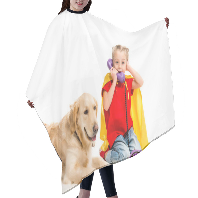 Personality  Lying Golden Retriever  With Shocked Little Supergirl Talking On Phone Isolated On White Hair Cutting Cape