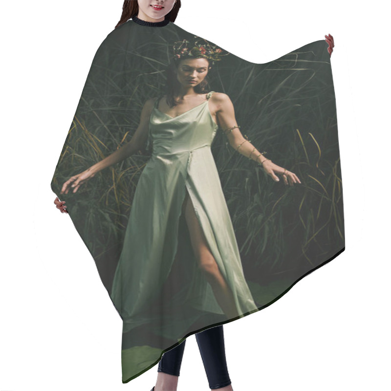 Personality  A Woman Wearing A Green Satin Dress Poses In A Swamp. Hair Cutting Cape