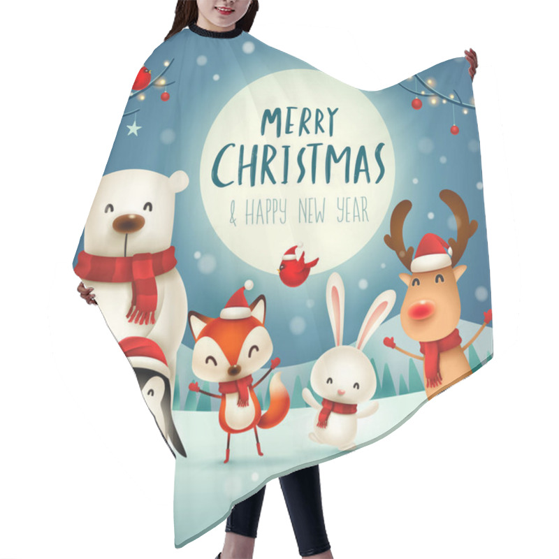 Personality  Merry Christmas And Happy New Year! Christmas Cute Animals Character. Happy Christmas Companions. Polar Bear, Fox, Penguin, Bunny And Red Cardinal Bird Under The Moonlight. Winter Landscape. Hair Cutting Cape