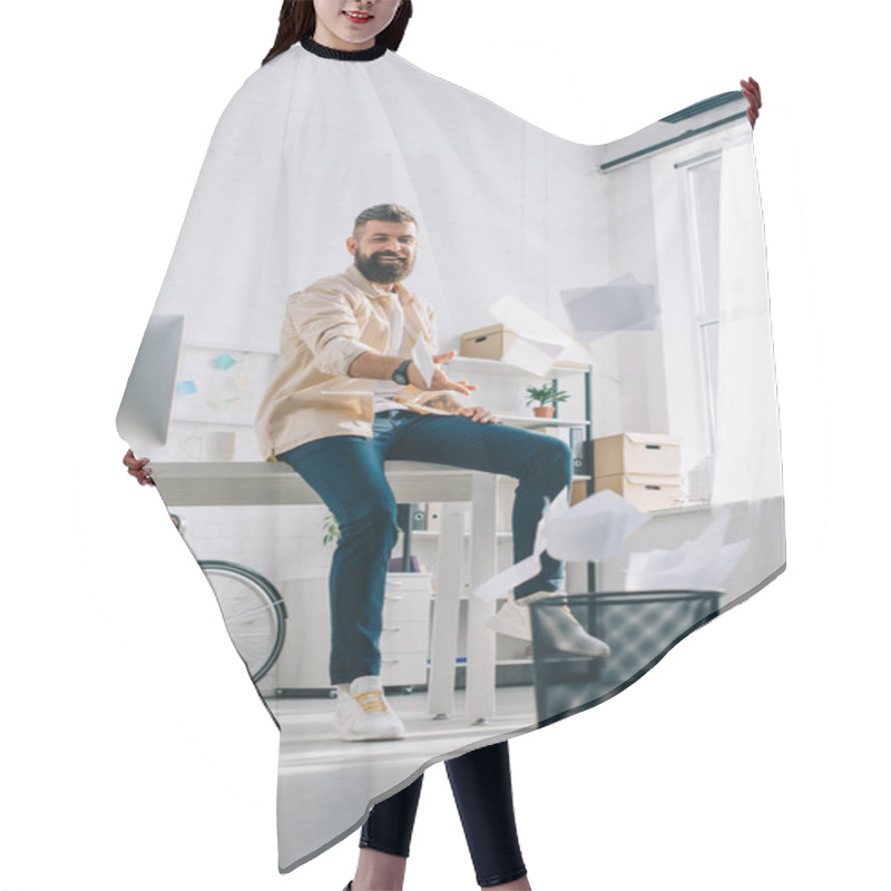 Personality  Cheerful Office Worker Throwing Papers In Bin In Modern Office  Hair Cutting Cape