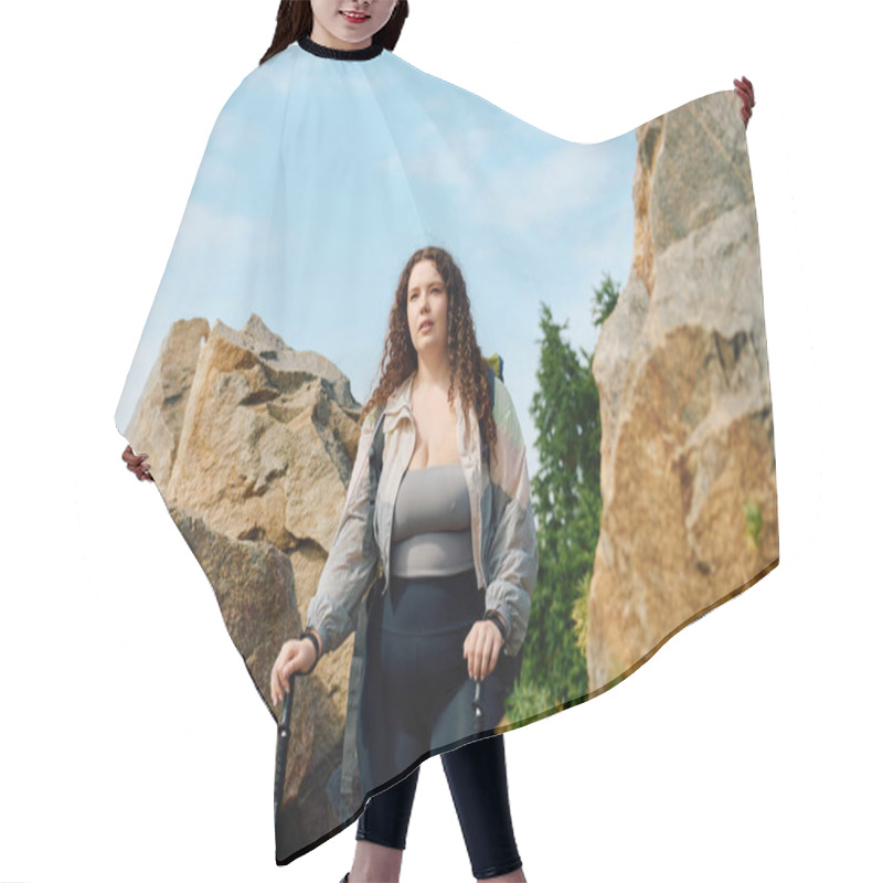 Personality  A Stunning Plus Size Woman Enjoys Her Journey Through A Beautiful Outdoor Landscape With Rocks. Hair Cutting Cape