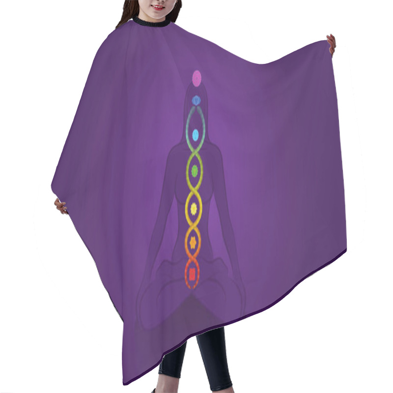 Personality  Kundalini - Coiled Snake. Meditating Yoga Woman With Chakras On Violet Background, Symbol For Spiritual Awakening, Healing Power And Balance, Celestial Harmony And Relaxation. Hair Cutting Cape