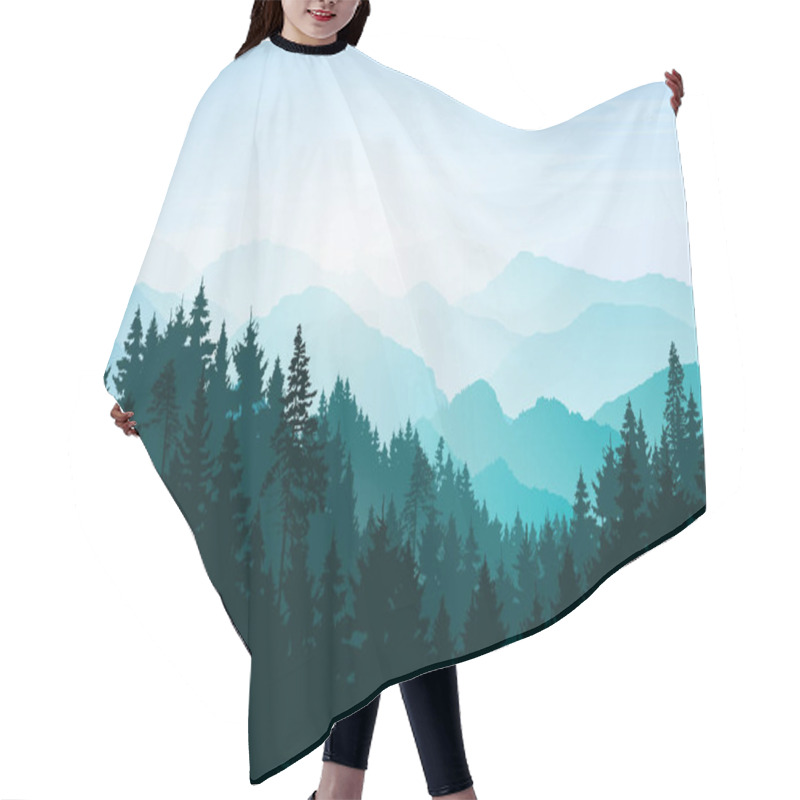 Personality  Winter Mountain  Landscape. Mountains And Coniferous Forest. Tourism And Travelling. Vector Silhouette. Christmas Forest. Natural Background, Banner For Web Page, Internet Site. Hair Cutting Cape