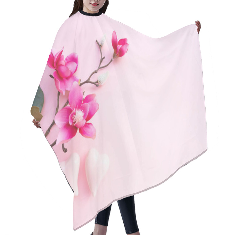 Personality  Blooming Magenta Magnolia Tree Branch With Flowers And Two Hearts Against Pink Background Hair Cutting Cape