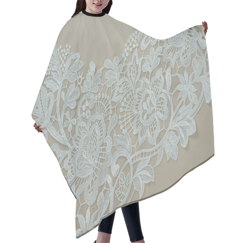 Personality  Texture Lace Fabric. Lace On White Background Studio. Thin Fabric Made Of Yarn Or Thread. A Background Image Of Ivory-colored Lace Cloth. White Lace On Beige Background. Hair Cutting Cape