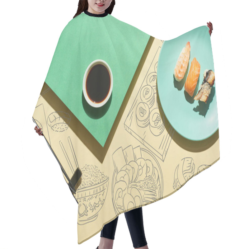 Personality  Top View Of Nigiri Near Soy Sauce, Chopsticks And Japanese Food Illustration On Green And Yellow Surface Hair Cutting Cape