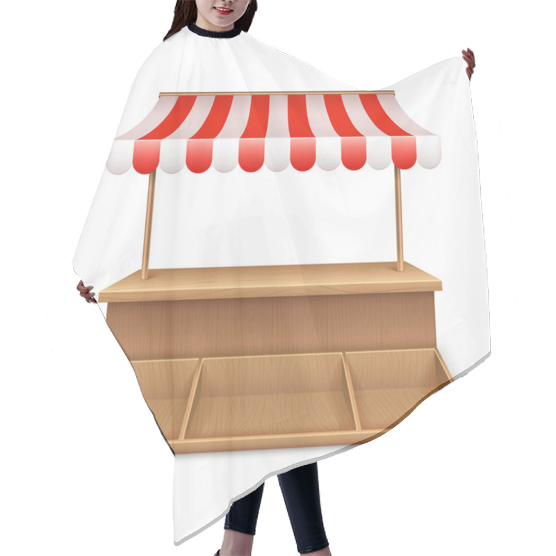 Personality  Empty Market Stall. Wooden Kiosk, Street Grocery Stand With Striped Awning And Counter Desk Template Hair Cutting Cape