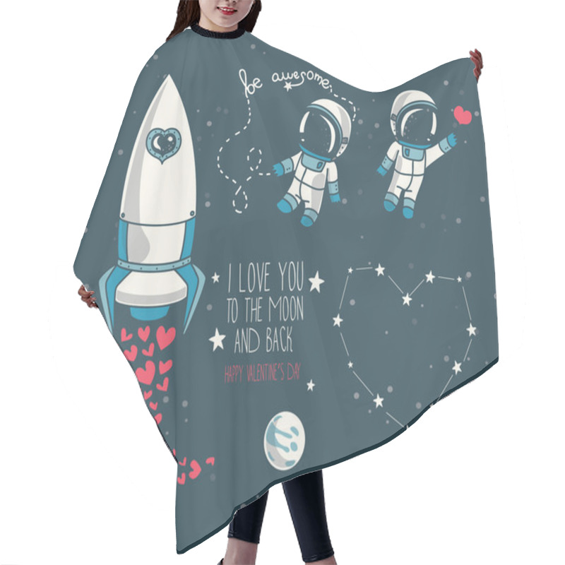 Personality  Cute Hand Drawn Elements For Valentine's Day Design: Moon, Stars, Astronauts Floating In Space And Rocket Hair Cutting Cape