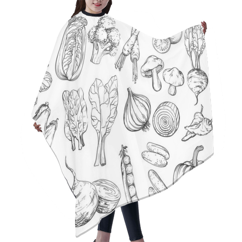 Personality  Collection Of Hand-drawn Vegetables, Black And White. Hair Cutting Cape