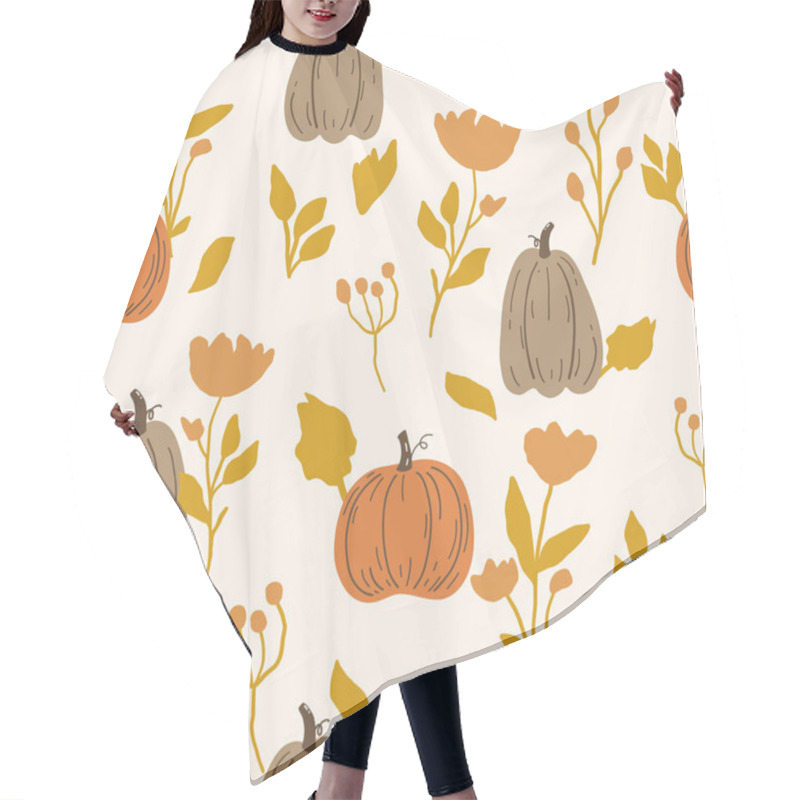 Personality  Seamless Autumn Pattern With Pumpkins And Leaves. Endless Repeatable Autumn Harvest Texture. Colored Hand Drawn Vector Illustration. Hair Cutting Cape