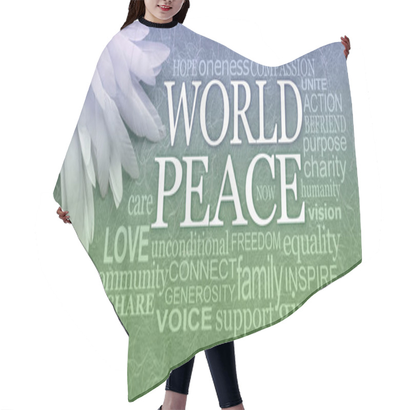 Personality  White Feather For World Peace Word Cloud - Long White Feathers In Left Top Corner Against A Fibrous Blue Green Graduated Background With A WORLD PEACE Word Cloud Hair Cutting Cape