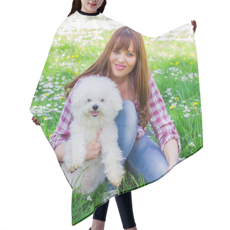 Personality  Happy Woman Enjoying Nature With Her Dog Hair Cutting Cape