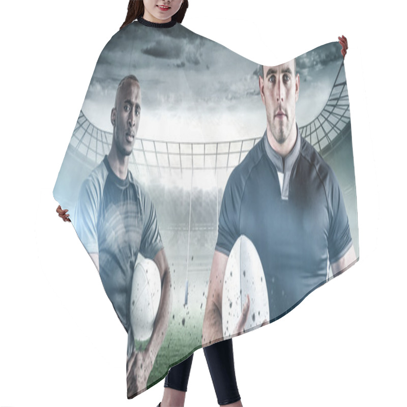 Personality  Confident Sportsmen With Rugby Balls Hair Cutting Cape