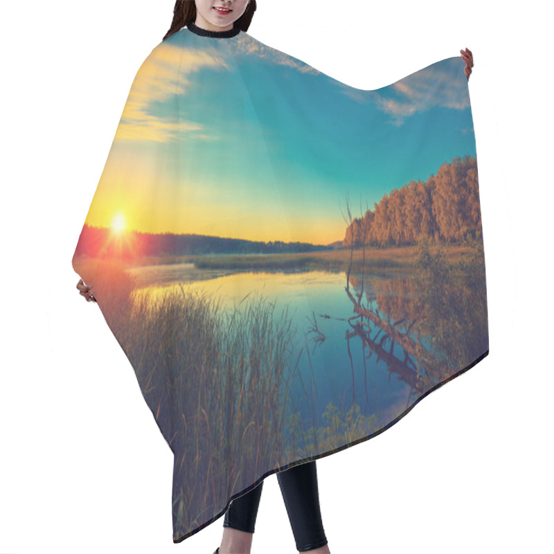 Personality  Magical Sunrise Over The Lake. Misty Morning, Rural Landscape, Wilderness, Mystical Feeling Hair Cutting Cape