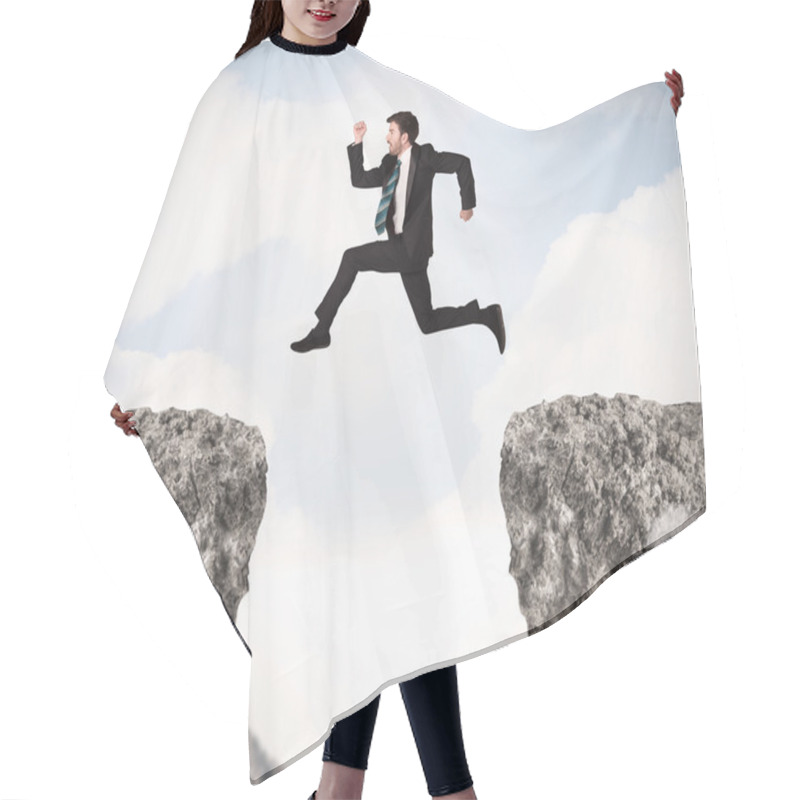 Personality  Funny Business Man Jumping Over Rocks With Gap Hair Cutting Cape