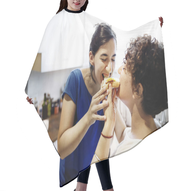 Personality  Lesbian Couple Cooking In The Kitchen Together Hair Cutting Cape